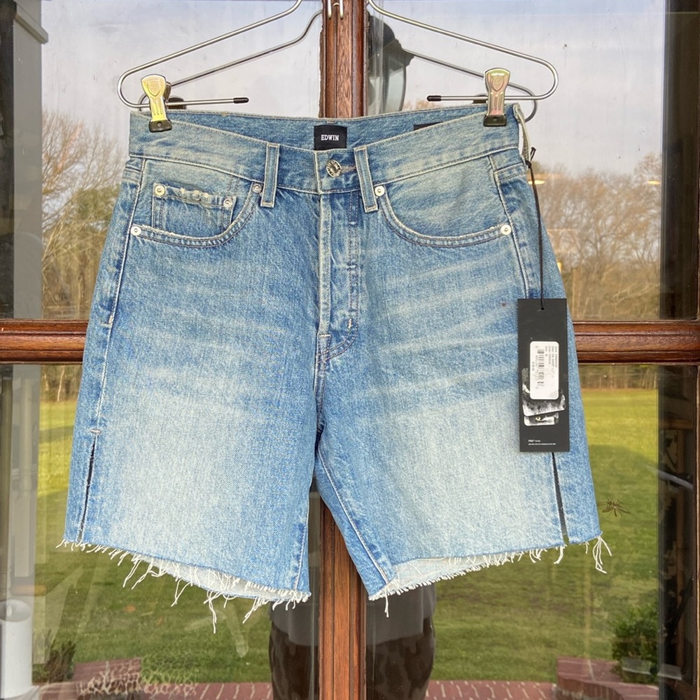 Edwin Light Blue Distressed Denim Jean Shorts